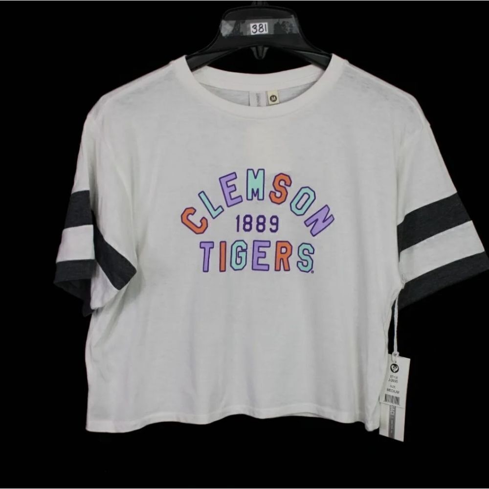 SUMMIT JORDYN CREW NECK CROPPED TEE WITH SLEEVE STRIPES CLEMSON TIGERS M NWT